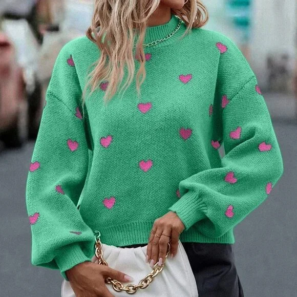 Green Casual Womens Heart Pattern Mock Neck Drop Shoulder Sweater - Picture 4 of 5